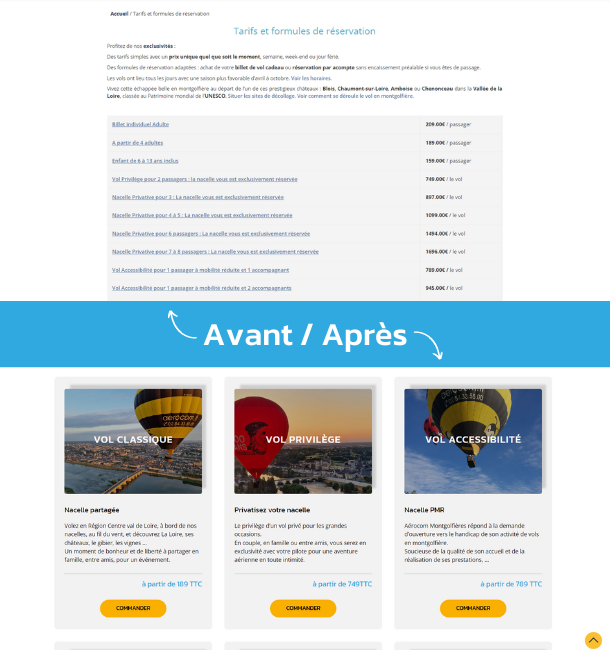 Nouveau site, page billetterie avant après